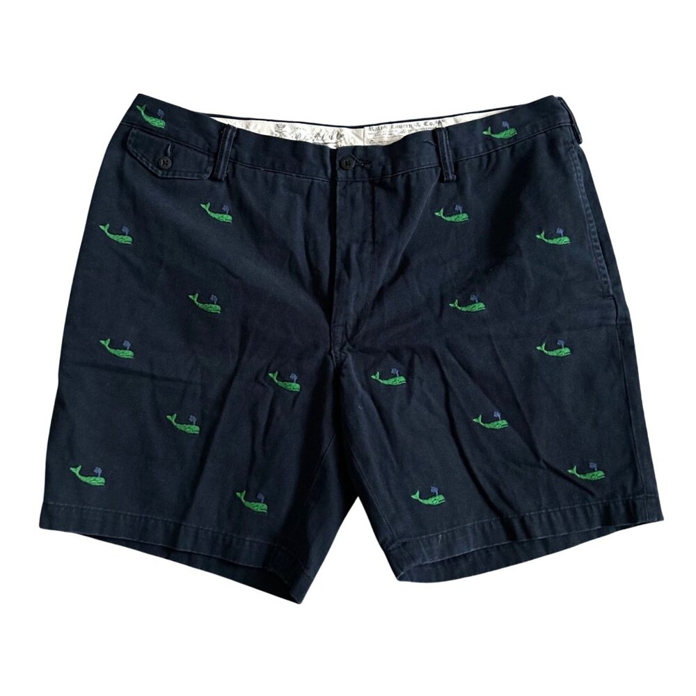 Ralph Lauren Polo Men's Sz 42 Embroidered Whale Print Navy Cotton Chino Shorts